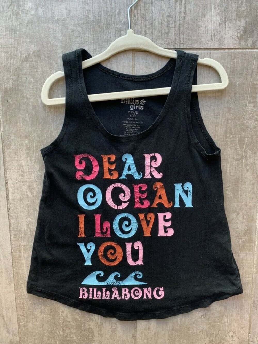 Billabong Billie Girl Black Vintage Distress Style Tank DEAR OCEAN I LOVE YOU 6